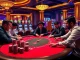 Players enjoy an intense poker game at DF999 casino, showcasing vibrant chips and atmospheric lighting.