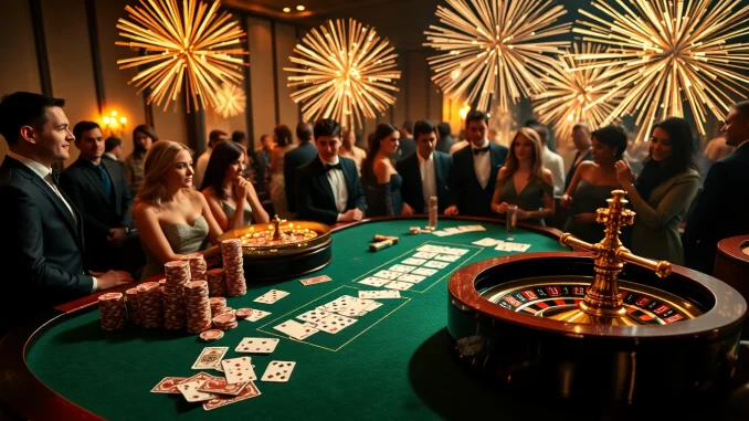 Explosion of a prize-winning lottery celebrated at a glamorous casino table with poker chips and roulette.