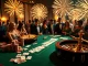Explosion of a prize-winning lottery celebrated at a glamorous casino table with poker chips and roulette.