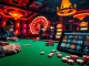 Gamblers enjoying a vibrant casino scene at https://nk88zz.bio/ with poker tables, roulette wheels, and slot machines.