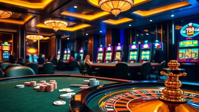 Experience the thrill of the ta88 club with luxurious casino visuals, featuring gaming tables and vibrant slot machines.