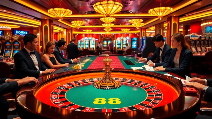 K88 casino experience featuring roulette table, card games, and vibrant ambiance.