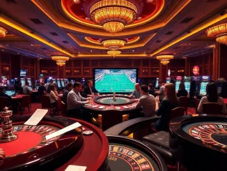 Engaged gamblers analyzing kèo bóng đá trực tuyến in a vibrant casino betting area.