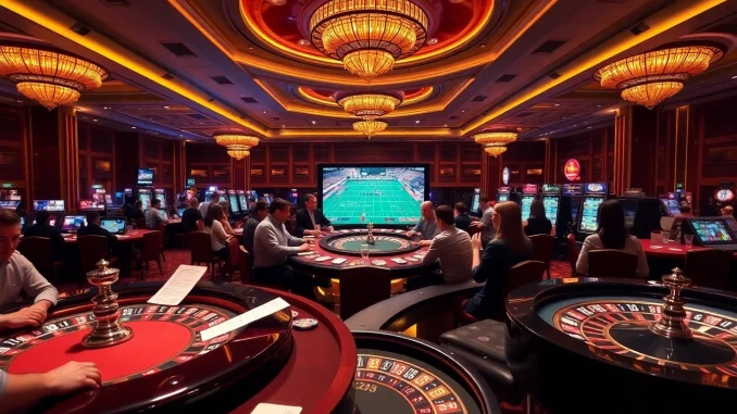 Engaged gamblers analyzing kèo bóng đá trực tuyến in a vibrant casino betting area.