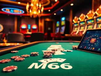 Experience the thrill of MB66 as players engage at a luxurious poker table surrounded by casino excitement.