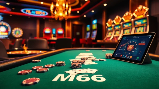 Experience the thrill of MB66 as players engage at a luxurious poker table surrounded by casino excitement.