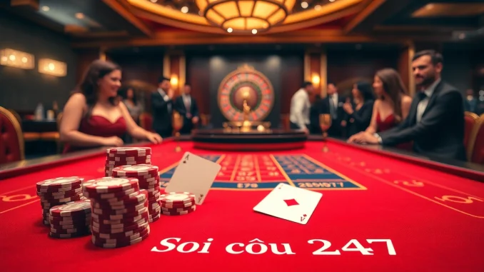Gambling at a luxurious casino table showcasing soi cầu 247 strategies with vibrant chips and cards.