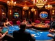 Players enjoy an exciting game of poker at VN88's luxurious casino table, showcasing vibrant chips and cards.