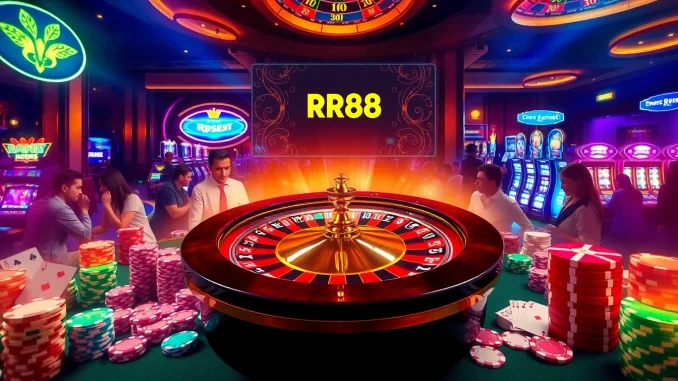 RR88 players excitedly placing bets at a luxurious casino table with roulette, cards, and chips.