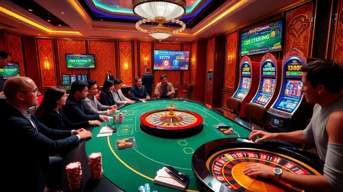Players engaging with exciting casino games at 13Win, showcasing vibrant roulette wheels and poker chips.