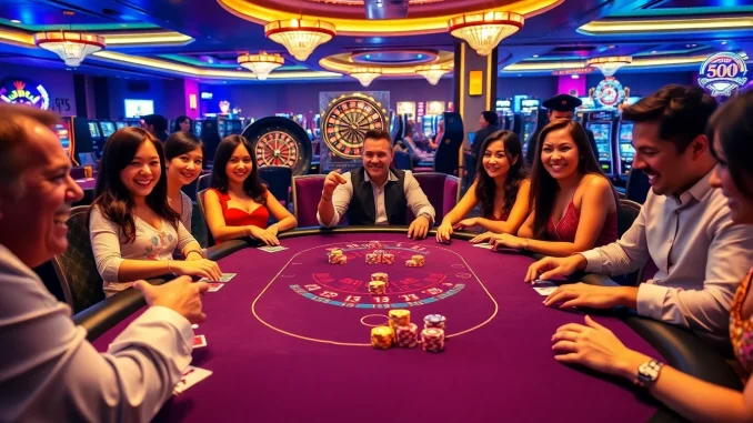 Players engaging in an exciting game at the j88 casino table, showcasing vibrant chips and cards.