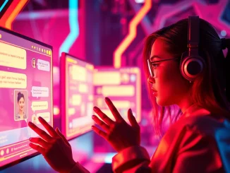 Engaging AI chat porn scene showcasing vibrant digital interactions and futuristic design.