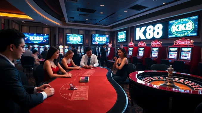 K88 casino players engaging at a high-stakes gaming table with vibrant slot machines in view.