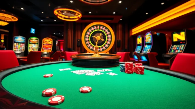 Exciting juragan77 gaming night with poker table and vibrant casino elements.