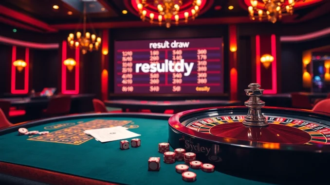 Catch the excitement of result sdy with a vibrant live lottery draw scene in a luxurious casino.