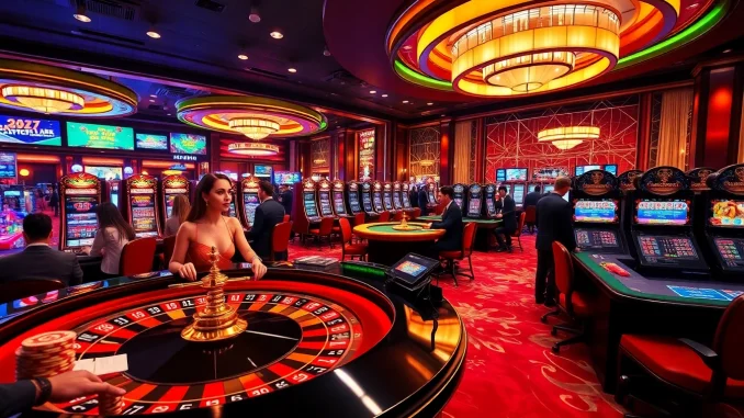 Experience the excitement of BL555 with a stunning casino scene featuring roulette and slot games.