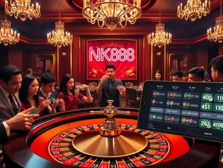 Players placing bets at a luxury casino table with NK888 branding, showcasing excitement.