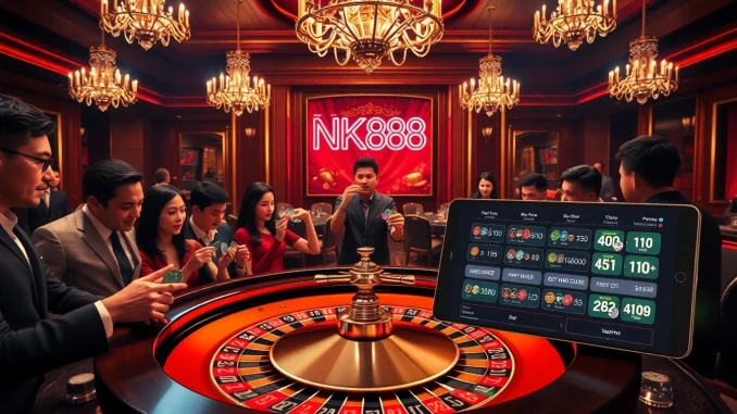 Players placing bets at a luxury casino table with NK888 branding, showcasing excitement.
