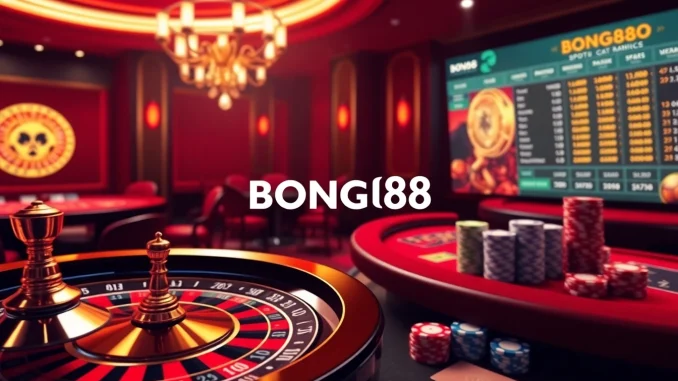 Bong88 offers a lively casino environment with poker chips and roulette wheel featured.