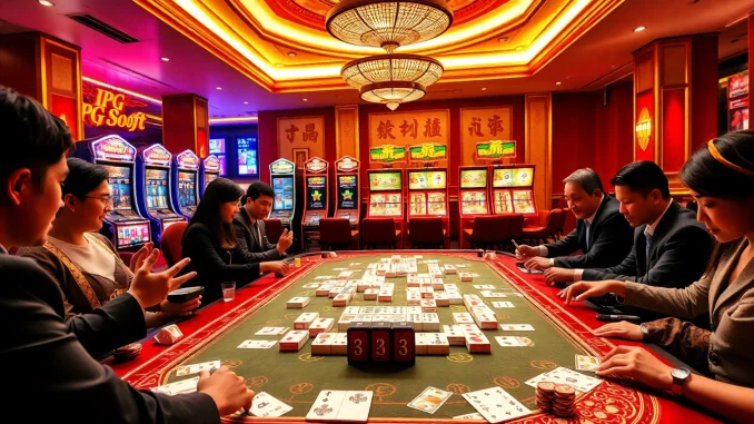 Engaging players at a Mahjong table with PG Soft slot machines in a vibrant casino atmosphere.