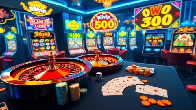 Engaged players at a Rikvip online casino table, showcasing excitement with vibrant chips and cards.