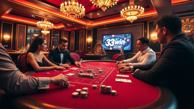 Engage in an exciting game at 33win's luxurious casino table, featuring poker chips and warm lighting.