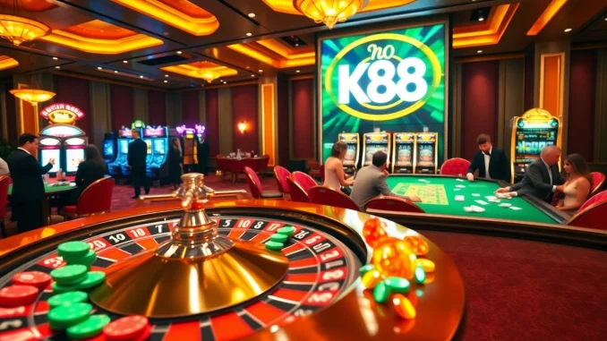 K88 casino players placing bets at a modern poker table with vibrant slot machines in the background.