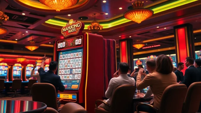 Para pemain merayakan kemenangan di mesin slot Mahjong Ways di kasino mewah.