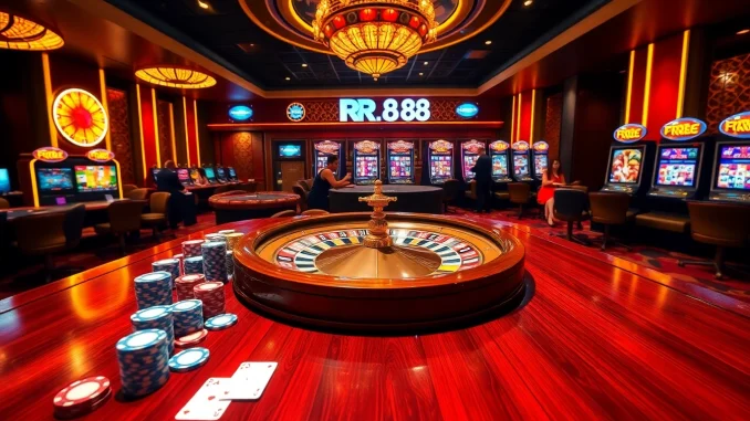 RR88 casino scene featuring poker chips, roulette, and live dealer excitement.