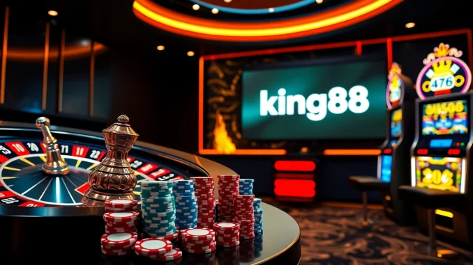 king88 online casino experience with vibrant slots, roulette, and poker chips in a luxurious setting