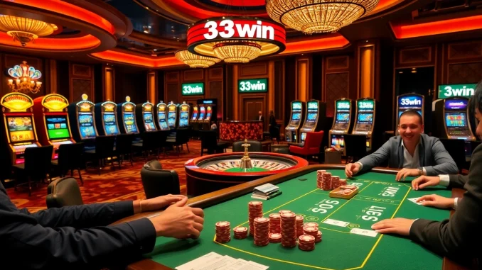 Players enjoying a lively game of poker at the luxurious 33win casino.