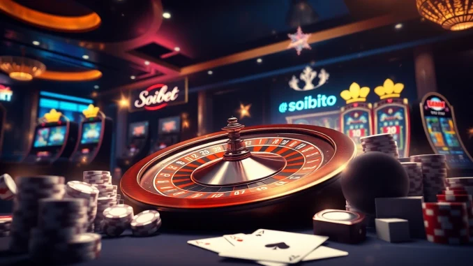 Experience the excitement of online gambling through ทางเข้า soibet ล่าสุด with vibrant visuals of roulette wheels and poker chips.