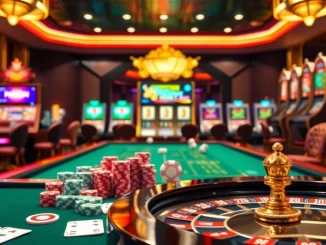 Experience the excitement of ww88 with vibrant casino tables, poker chips, and slot machines illuminated by rich colors.