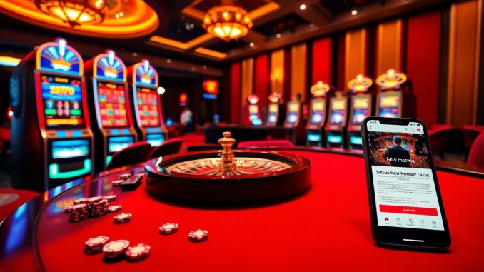 Situs bonus new member showcased at a luxurious casino table with roulette and slot machines.