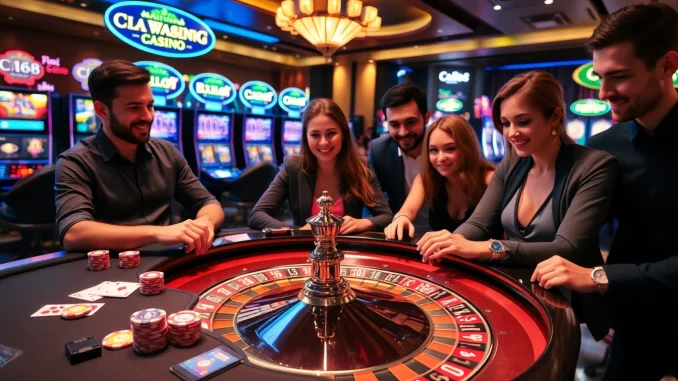 C168 casino scene showcasing excited players at a luxurious poker table with bright lights.