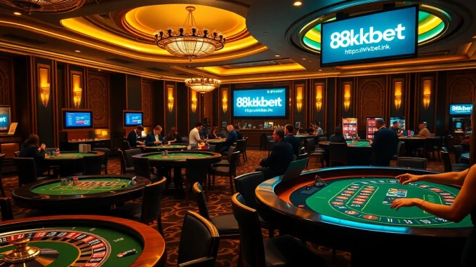 The lively casino ambiance at https://8kbet.ink/, where players enjoy exciting card games and vibrant poker chips.