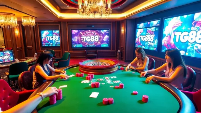 Experience tg88's thrilling casino atmosphere with players and vibrant poker chips.