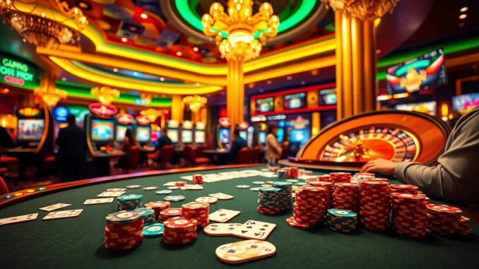 A vibrant gaming table showcasing the energy of gambling at https://8kbet.ink/ with poker chips and a roulette wheel.