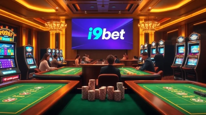 i9bet gaming interface showcasing luxury casino environment with poker chips and slot machines.