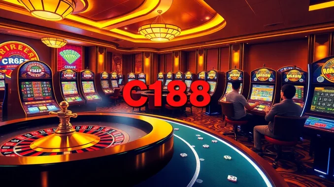 C168 Casino Experience: Players engaged at dynamic slot machines and roulette in a luxurious environment.