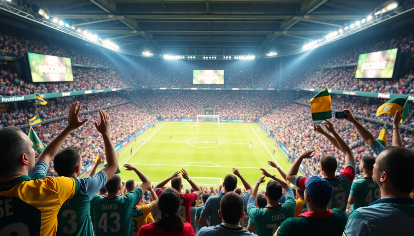Exciting socolive live football match atmosphere with enthusiastic fans and vivid colors.