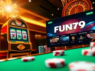 A vibrant scene at trang chủ fun79 showcasing luxury casino elements like poker chips and a roulette wheel.