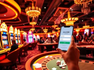 Excited player using the bro138 login at a luxurious casino filled with vibrant slot machines and tables.