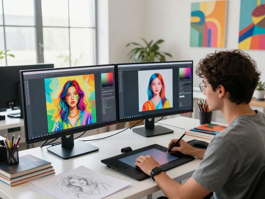 AI NSFW image generation in a creative digital art studio showcasing modern technology and artistic elements.