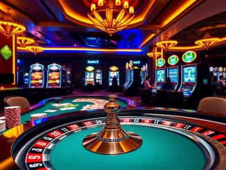 SODO Casino features an elegant gaming table with vibrant poker chips, roulette wheel, and colorful slot machines.