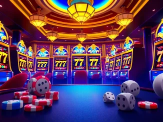 Suasana menarik pemain menikmati mesin slot777 di dalam suasana kasino mewah.