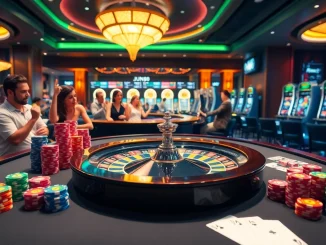 Jun88 players enjoying an exciting game at the roulette table with vibrant casino visuals.