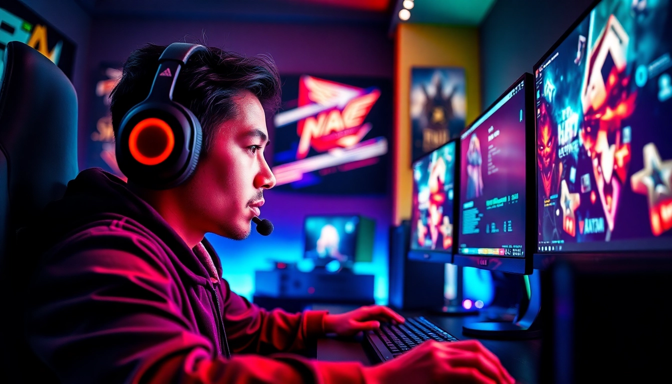 Interação envolvente com higame, gamer concentrado em mesa de jogos moderna, luzes vibrantes.