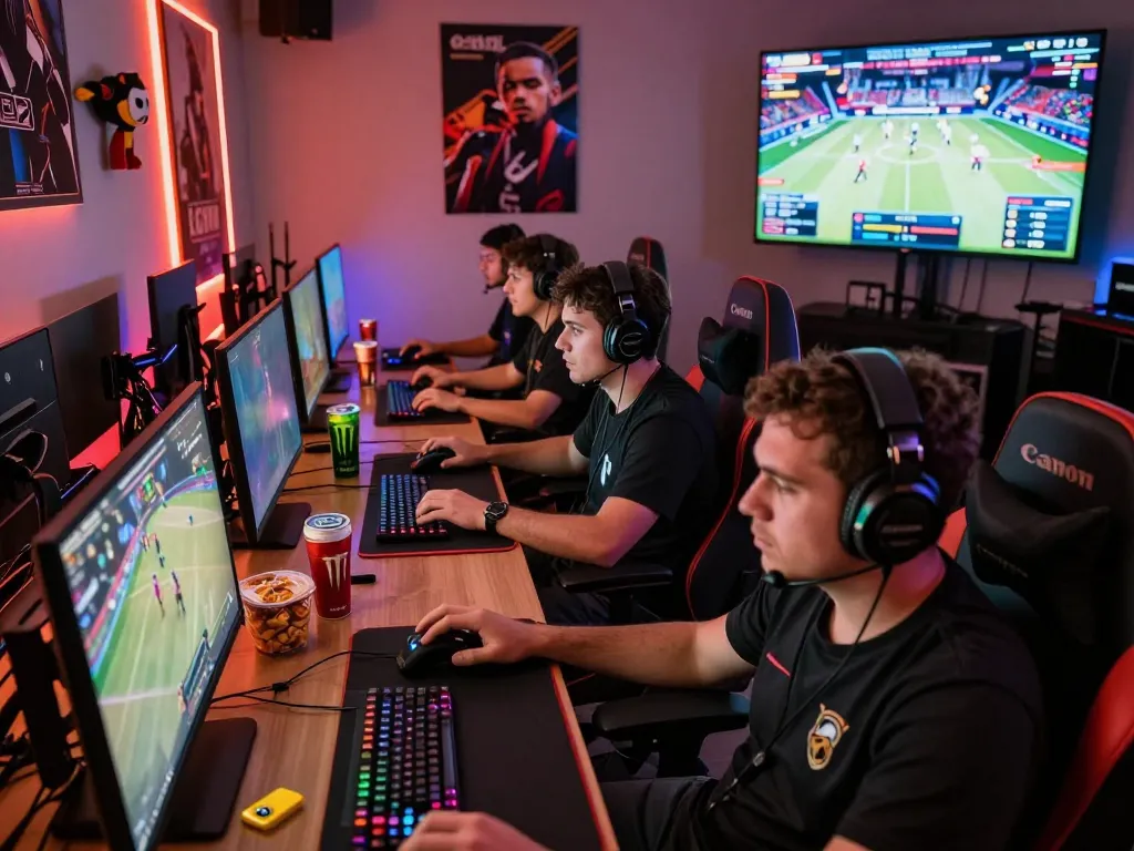Gamers engaged in intense gameplay with mpi2121 streaming setup and vibrant lighting.