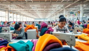 Workers at a clothes factory China engaged in garment production amidst vibrant fabrics.